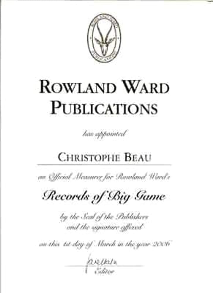 Rowland Ward measurer certificate for Christophe Beau